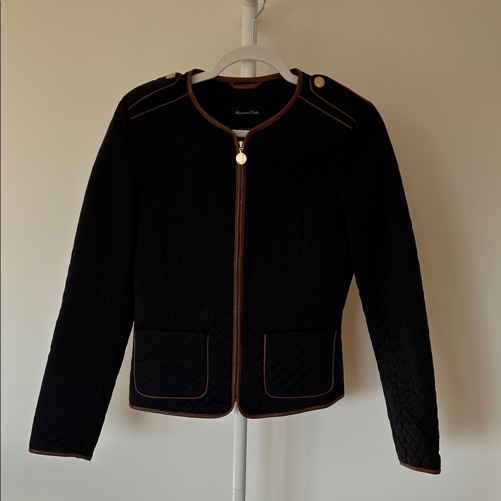 Massimo Dutti Navy Blue Quilted Jacket with Tan  Trim Accents